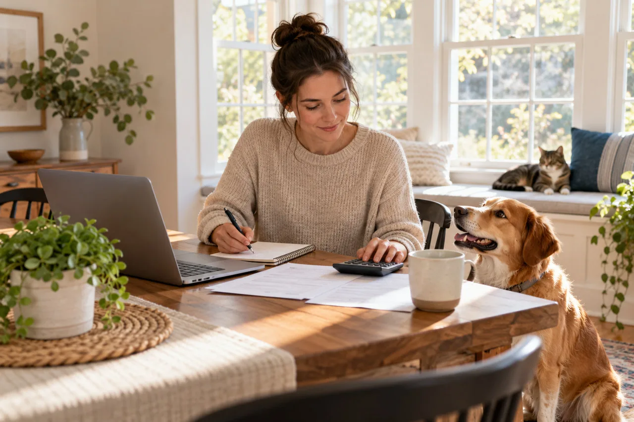 Owner reviewing papers with a dog and cat nearby