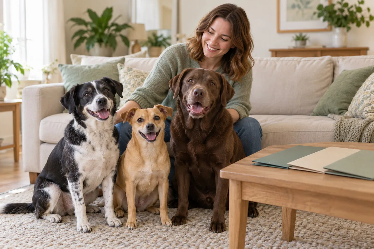 Owner sitting with three dogs at home